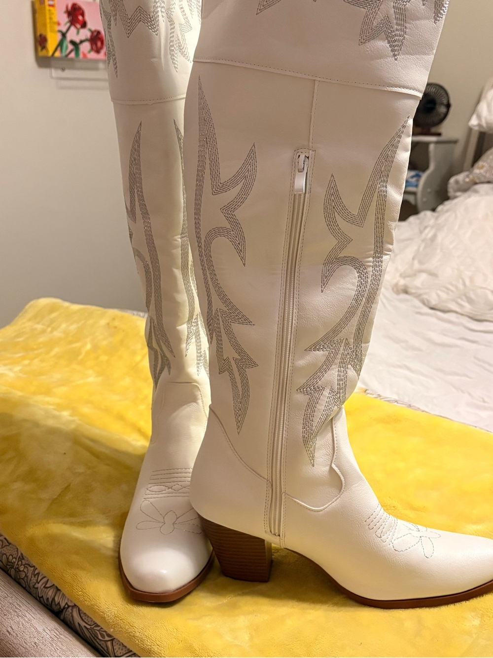 Over-the-Knee White Embroidered Western Boots with Block Heel